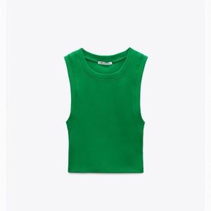 Zara Green Ribbed Sleeveless Crop Top Size Large Slim Fit Stretch Tank